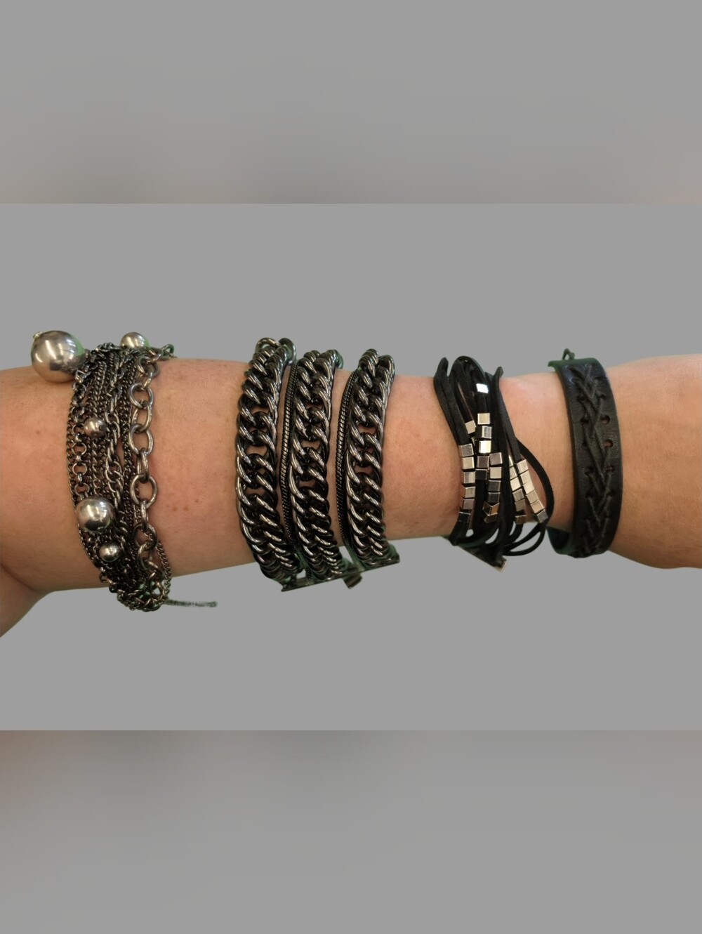 Y2K LOT Black Metal Chain and Leather Bracelets  - Unbranded